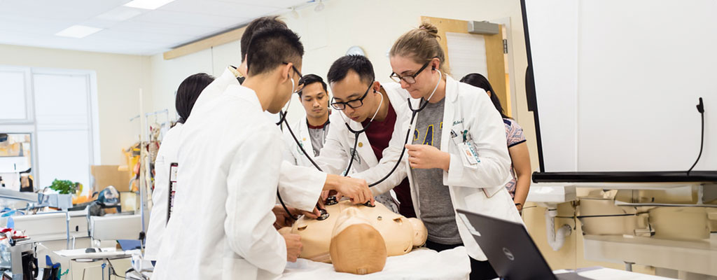 medical students examining mannequin