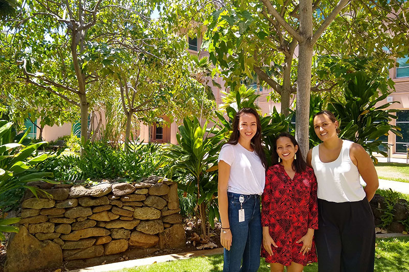 Dr. Bree Kaneakua, Dr. Winona Lee, and Ms. Chessa Harris, Associate Chair of Finance and Operations in the Department of Native Hawaiian Health are pictured following protocol at the JABSOM māla (Native Hawaiian traditional healing garden) in solidarity with Mauna Kea protectors in September 2019.
