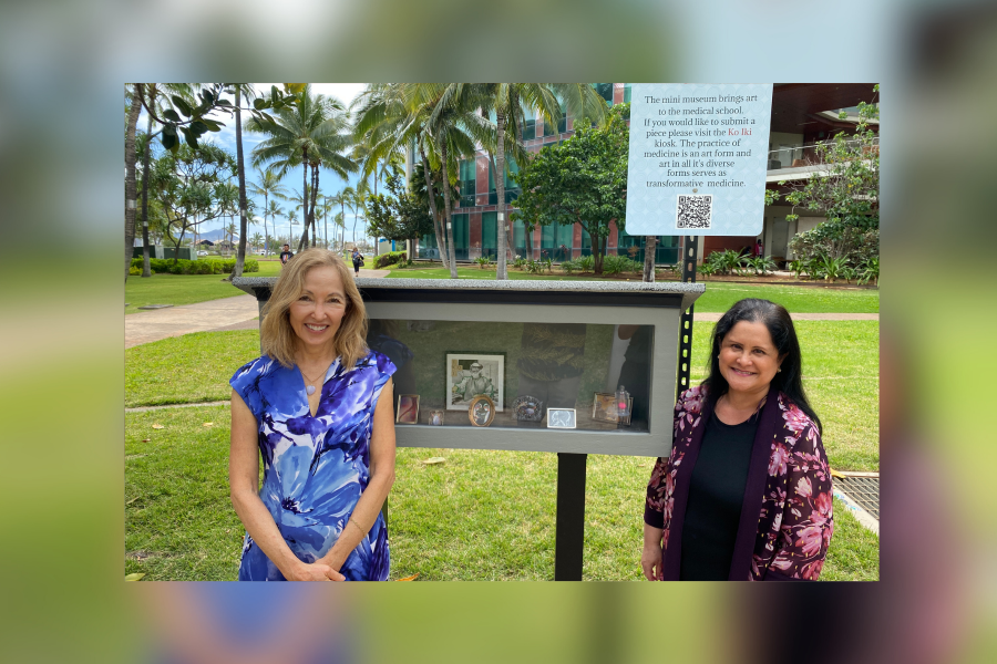 dr. kathryn ko and interim dean lee buenconsejo-lum stand outside in front of the new ko iki mini museum